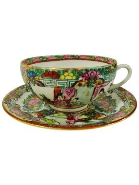 Chinese Export Rose Medallion Tea Cups & Saucers, Mid-19th Century, Set of 2